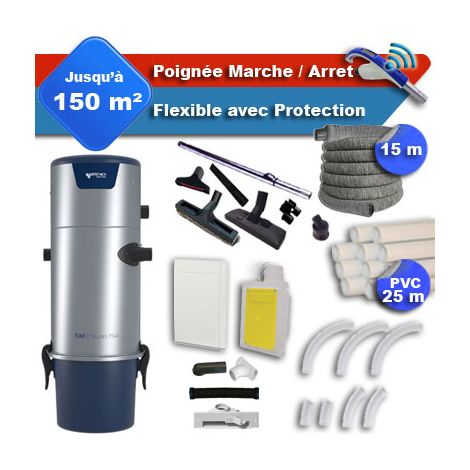 Aspirateur central Aertecnica TS4 garantie 3 ans + flexible rétractable 15 m avec housse de protection + poignée marche/arrêt + 7 accessoires + kit 1 prise RETRAFLEX + kit prise balai (rayon d'action (1/5)