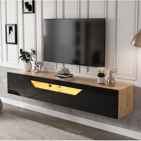 Mueble para TV de tablero de partículas negro y madera natural 180,0x37,0x36,0 cm, colgante con LED y 3 zonas de almacenaje (1/5)