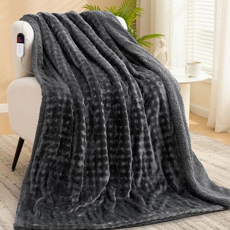 Couverture Chauffante Électrique 150x200cm, Tissu 3D à Bulles et Sherpa, 6 Niveaux, Minuterie 1-10H, Couverture Électrique Double Face pour Lit Canapé Bureau, Lavable en Machine, Gris (1/5)