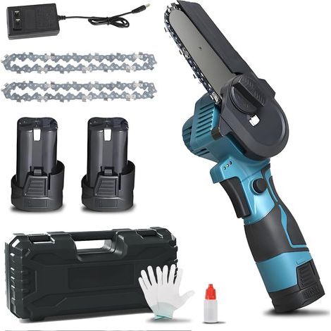 Mini-Akku-Kettensäge – 10 cm (4 Zoll) – 16,8 V – 1280 U/min – Zum Beschneiden und Schneiden von Holz – 2 x 1500 mAh Akkus im Lieferumfang enthalten – EU-Stecker – Blau (1/5)