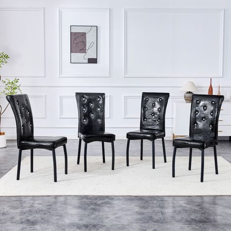 Juego de sillas de comedor, diseño de piel sintética de cocodrilo, detalle de botón cristal, PVC negro y metal (1/5)