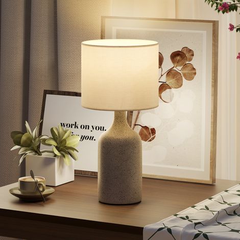 Lampe de chevet rétro en céramique blanche et sable, abat-jour lin, pied céramique, ampoule E27, luminaire de table élégant pour salon et chambre. (1/5)