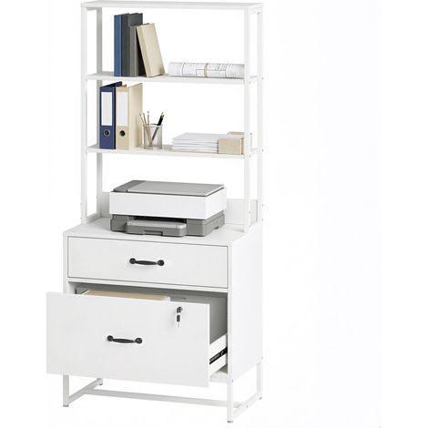 Classeur à dossiers suspendus avec étagères, 2 tiroirs, plateau pour imprimante, verrouillable, formats A4, Lettre et Légal, blanc (1/5)