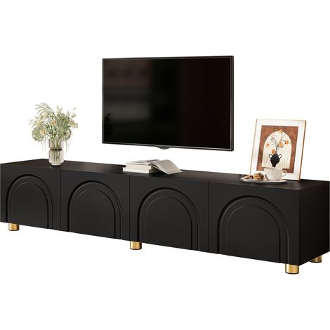 CHICFURN Mueble TV bajo 180x35x40 cm negro con relieve de arco, 4 puertas y patas metálicas (1/5)