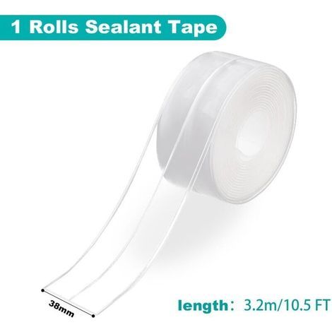 Bande d'étanchéité pour salle de bain, bande d'étanchéité transparente et étanche pour salle de bain, bande d'étanchéité auto-adhésive, 3,2 m x 38 mm, résistante à la moisissure avec support adhésif, (1/3)