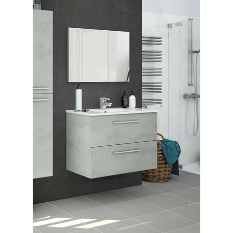 Meuble sous-vasque Inglewood, Meuble de salle de bain suspendu, Armoire avec 2 tiroirs et miroir, 80x45h57 cm, Ciment (1/5)