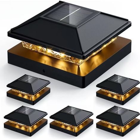 6er-Set Solar-Pfostenkappen für den Außenbereich – wasserdicht – für 10 x 10 cm (4 x 4 Zoll) große Terrassen- und Zaunpfosten – warmes, helles Weiß – Dekoration für Terrasse, Veranda und Zaun
