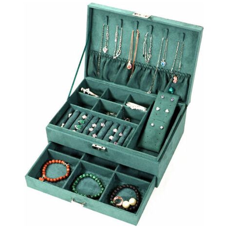 Boîte à bijoux en velours avec tiroir, boîte à bijoux empilable double couche de voyage, 27 19 10 cm, dos vert (1/5)
