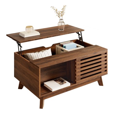 Table basse rétro noyer plateau relevable porte persiennes multifonction