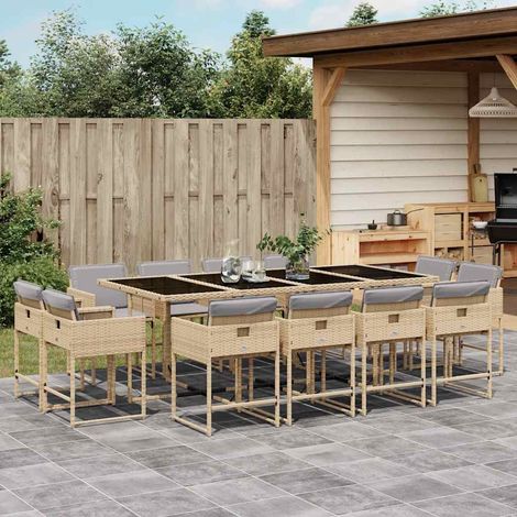 Ensemble repas jardin 13 pièces en résine tressée beige, table en verre et chaises pliantes - PANGIVO (1/5)