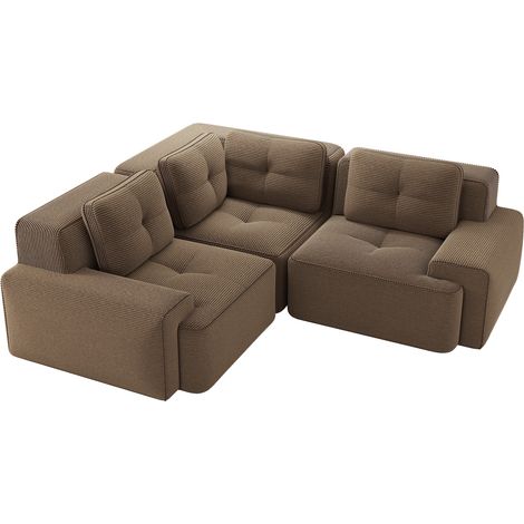 Canapé d’angle modulable 3 places sans structure, velours côtelé marron, mousse 32D, assise profonde 74 cm, 206 x 206 cm (1/5)