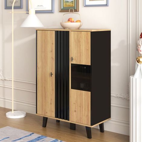 Vitrine salle à manger, rangement vitré Buffet, design rayures bois noir, finition noir bois, LED intégrées (1/5)