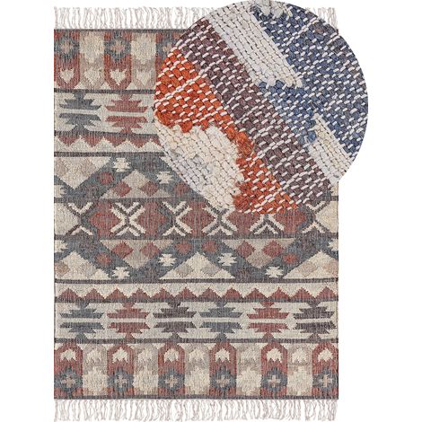 Alfombra de yute beige marrón rojo azul 160 x 230 cm a mano geométrico borlas Kalfa (1/5)