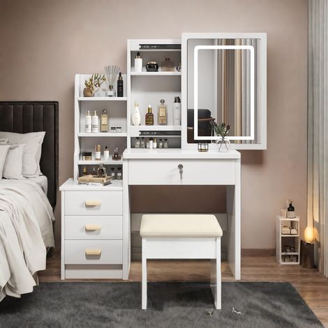 Coiffeuse élégante 85x36x130 cm blanche avec miroir LED 3 couleurs réglables et tabouret et 4 tiroirs rangement MDF Blanc