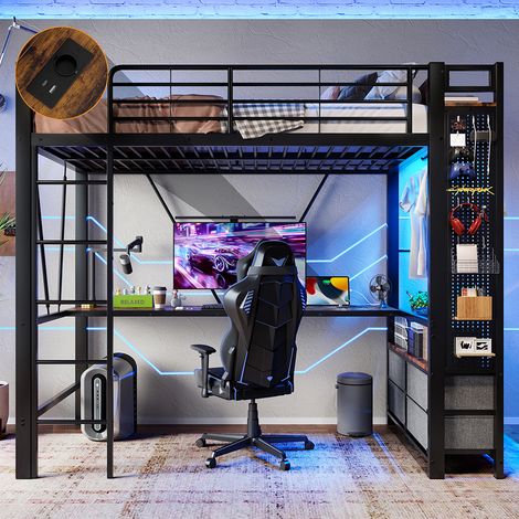 Lit mezzanine 90 x 200 cm, en fer, avec bureau, tringle à linge, étagères, tiroirs, prises USB + Type-C, bande LED,noir (1/5)