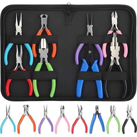 Lot de 8 pinces à bijoux pour la fabrication de bijoux, comprend des pinces rondes, plates, à bec aiguille et diagonale, poignées ergonomiques, pointes en acier au carbone, idéales pour les loisirs (1/5)