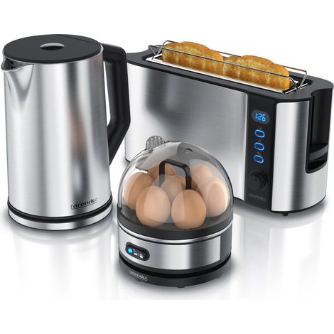 Arendo Frühstücks-Set, 1,5L Wasserkocher, 2-Scheiben Langschlitz Toaster, 7er Eierkocher, Silber (1/5)