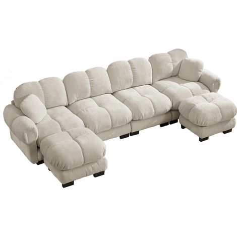Modulares U-Wohnzimmersofa für 4 Personen aus hellkhakifarbenem Chenille mit 2 Hockern (1/5)