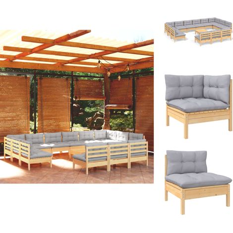 Gartenmöbel-Sets - Living 14-tlg. Garten-Lounge-Set mit Grauen Kissen Kiefer Massivholz (1/5)