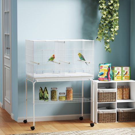 Jaula para Pájaros con Divisor Comederos Bandeja Extraíble y Soporte para Canarios y Periquitos 94x57x57/128 cm Blanco (1/5)