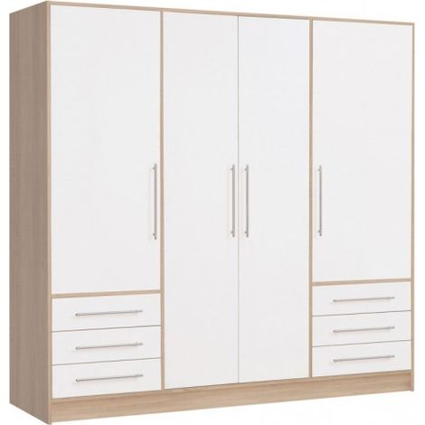 Armoire dressing 207 cm 4 portes blanc mat décor chêne sonoma – 7 compartiments et 6 tiroirs – Montage facile – Meubletmoi