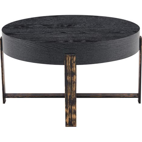 Mesa de centro redonda negra moderna Ø 68 cm con estructura metálica cruzada y tablero efecto madera (1/5)