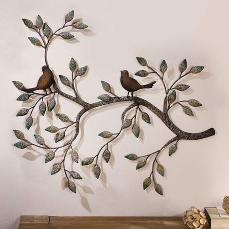 Oiseau Mural Art Déco, Une Paire D'oiseaux D'amour Sur Les Branches, Sculpture Murale En Métal À Suspendre, Décoration Murale En Fer Forgé Rétro, 58x 48cm (1/5)