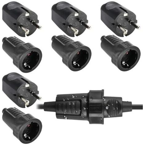 4 paires de prises et fiches Schuko : fiche de sécurité 250 V 16 A IP54, ensemble de prise et fiche bipolaire en caoutchouc avec serre-câble, fiche Schuko étanche adaptée à une utilisation extérieure (1/5)