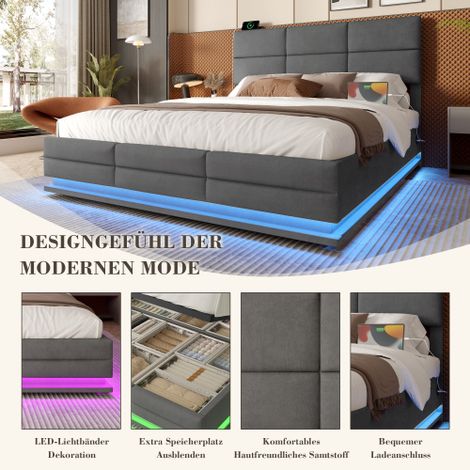 140x200 cm lit en velour moderne avec tête réglable en hauteur - Y compris connexions USB/Type C, éclairage ambiant LED, système d'ascenseur hydraulique et espace de rangement XXL (sans matelas)