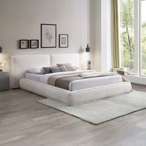 Mobilier Deco – Lit double en velours blanc écru 140x190 cm – Tiroirs intégrés – Design minimaliste et contemporain – Tête de lit rembourrée (1/3)