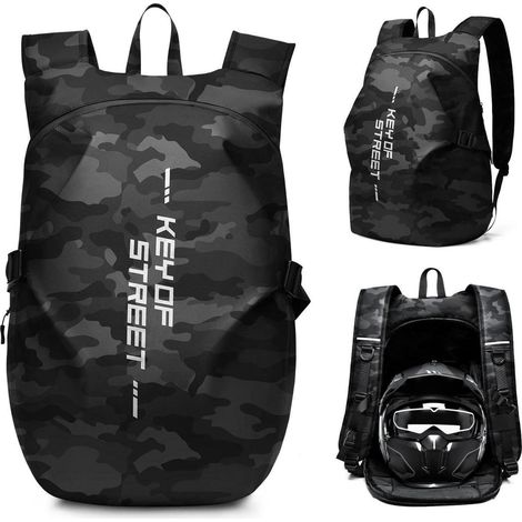 Motorradrucksack wasserdicht mit Helm-Fach, Laptoptasche, Tarnmuster Schwarz (1/5)
