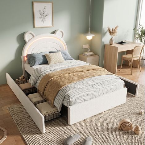MODFU – Cama infantil 90x200 cm de terciopelo con LED por app, 4 cajones, cabecero de oso y carga 220 kg – Beige (1/5)