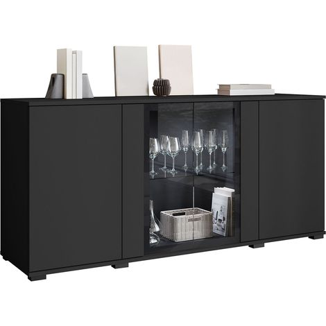 Buffet Torcame 102, Noir, 70x150cm, Le nombre de portes: 040cm, Stratifié, Verre trempé, LED: Disponible