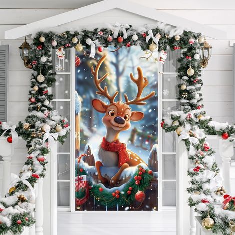 180  90cm Couverture de Porte de Noël Bannière Porte Noël l’élan (1/5)