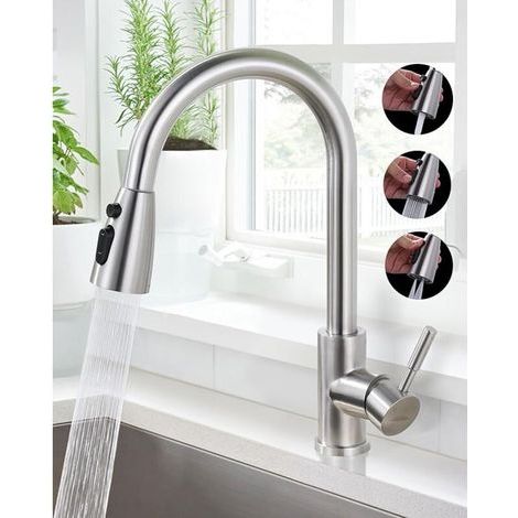 Küchenarmatur mit herausziehbarer Brause, 360° schwenkbarer hoher Auslauf, 2 Strahlarten, Hochdruck-Einhebelmischer, ausziehbarer Küchenspülen-Wasserhahn, Edelstahl (1/5)