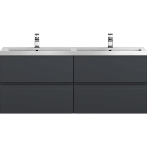 Hudson Reed Urban Satin Soft Black 600mm Wall Hung 2 Drawer Vanity Unit and Twin Polymarble Basins - URB1404C (1/2)