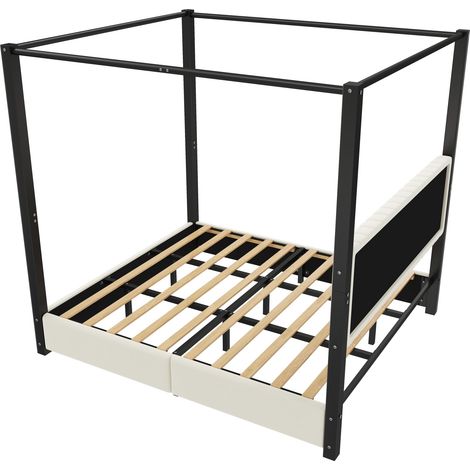 Cama con dosel tapizada 180 x 200 cm, estructura metálica, beige y negro, HOMVRA (1/5)