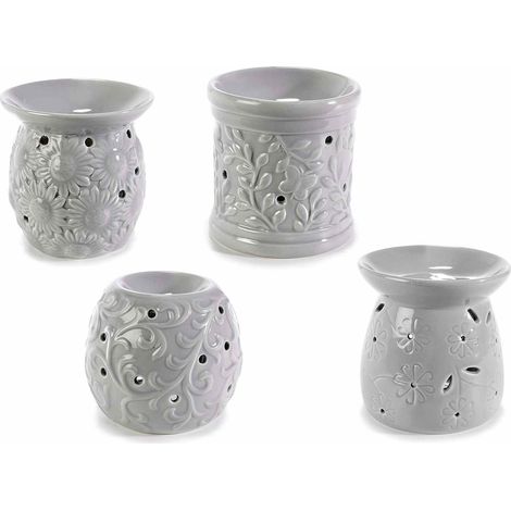 Brucia essenze in ceramica grigia con decori floreali in rilievo, set da 4 pezzi, Ø 9 cm x 9,5 H