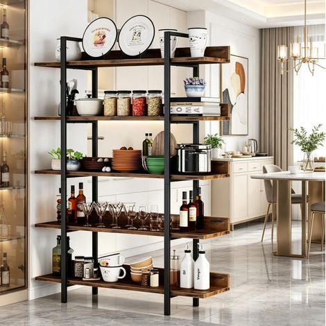 Estantería librería de 5 niveles 105x33x180 cm de metal y madera negra y marrón - MEUBLIV (1/5)