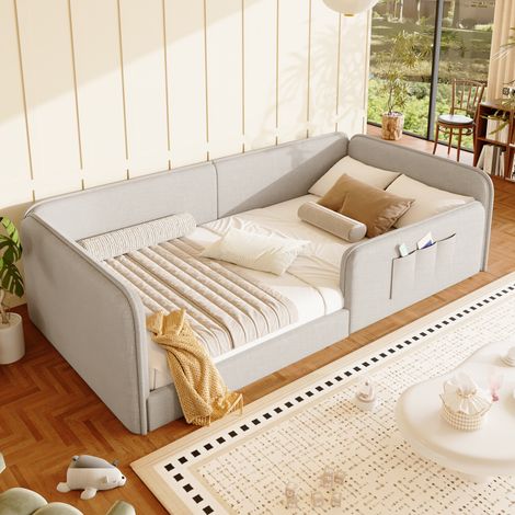 Cama infantil de 90x200 cm en lino con bolsillos de almacenamiento, estructura acolchada y marco de seguridad - beige (1/5)