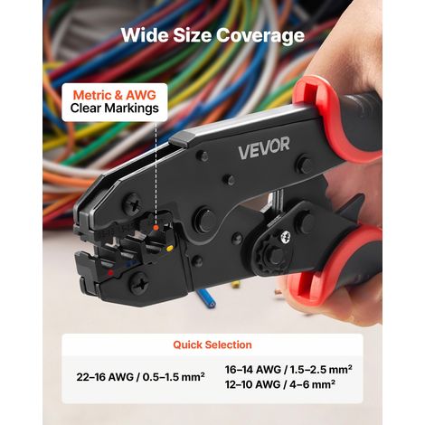 Pince à Sertir 0,5 à 6 mm², Pince à Cliquet pour Cosses de Câbles Électriques, avec Graduations Métriques et AWG, Système de Déverr… (1/5)