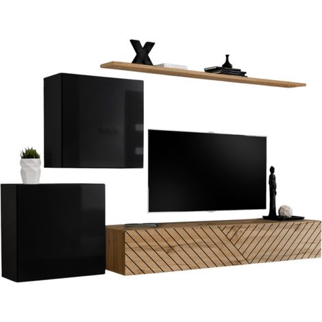 Conjunto de muebles de diseño para sala SWITCH V, en colores negro y roble. Acabados en negro brillante y roble fresado.
