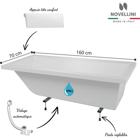 Novellini – Pack baignoire rectangulaire 160 x 70 cm – Acrylique haute qualité – Repose-tête inclus – Vidage automatique – Installation encastrée