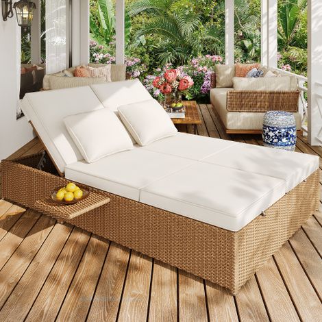 Bain de soleil double rectangulaire pliable en rotin, résiste à la pluie, coussins blanc inclus, pour terrasse et jardin