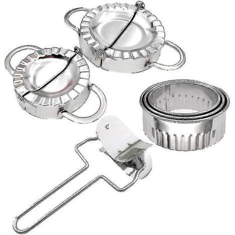 Ensemble de 6 ustensiles de cuisine en acier inoxydable pour raviolis : moules à raviolis, coupe-pâte et emporte-pièces (1 grand moule, 1 petit moule, 1 coupe-pâte, 3 moules à raviolis). (1/5)