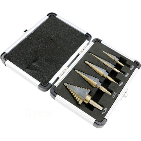 Sollbry Juego de 5 brocas escalonadas de titanio, 50 tamaños en 5 brocas HSS para chapa metálica con estuche de aluminio, brocas escalonadas multiagujero para aficionados al bricolaje. (1/4)