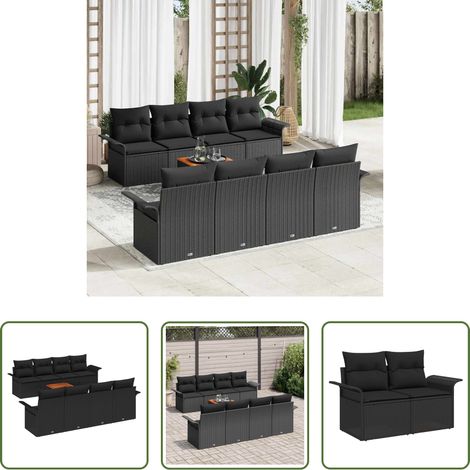 vidaXL Modulares Gartensofa - Gartensofa-set mit Kissen 9 pcs Schwarz Poly-Rattan (1/5)