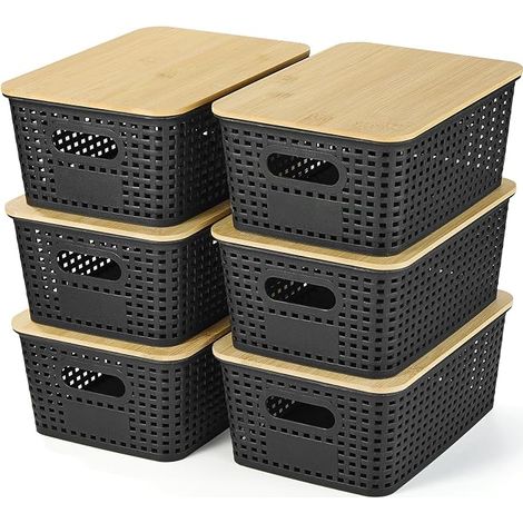 Boîte de Rangement en Plastique avec Couvercle en Bambou, Boîte Empilable, Boîte Pour Étagères, Tiroirs, Bureau, Armoires, Salles de Jeu et Bureaux, Noir (1/5)