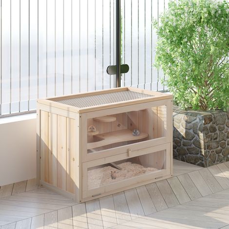 Cage en bois 2 étages pour hamsters nains, 60x35x42 cm, toit maille articulé, gourde et rampe, bois naturel pour rongeurs