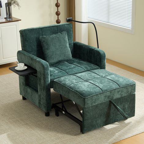 Fauteuil convertible 167x79x83 cm vert en chenille avec dossier réglable, rangement, tablette et coussin (1/5)